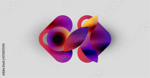 Abstract colorful shapes overlap, creating dynamic visual effect. Purple, red, yellow hues blend softly on white background.
