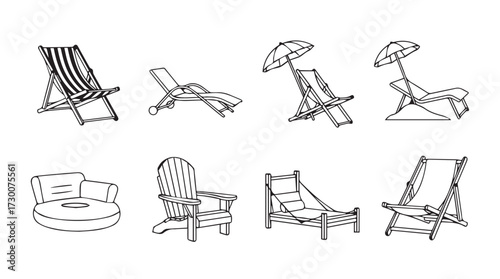 Collection of hand-drawn sketches of beach chairs and lounge furniture for summer relaxation vector