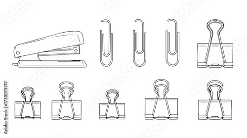 Set of office supplies stapler binder clips and paper clips isolated on white vector