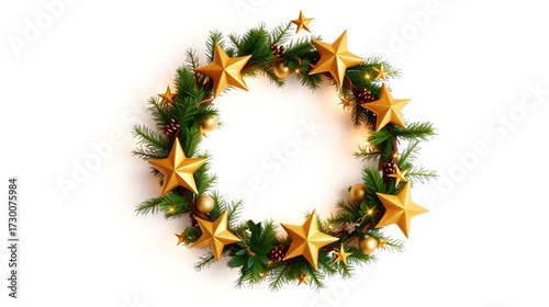 Christmas wreath decorated with golden stars isolated on white background