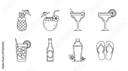 Set of tropical drink icons pineapple coconut cocktail shaker bottle flip flops and more vector