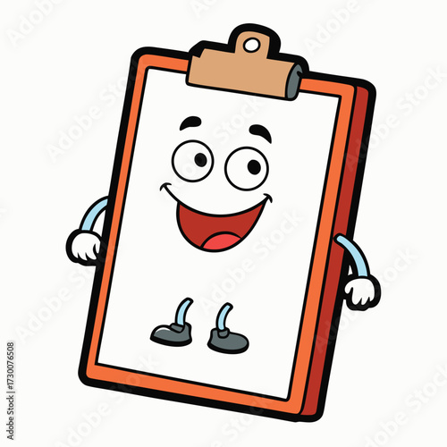 Cheerful cartoon clipboard with arms and legs smiling widely Keywords: clipboard, cartoon, character