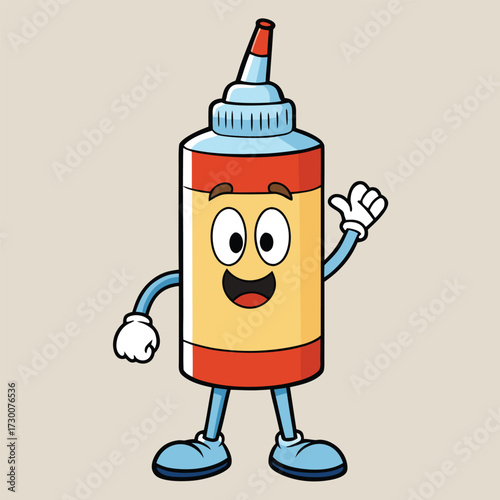 Cheerful Cartoon Glue Bottle Waving Hello on Beige Background Keywords: glue bottle, adhesive, stationery