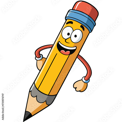 Excited Yellow Pencil Character with Arms and Legs on White Background cartoon happy