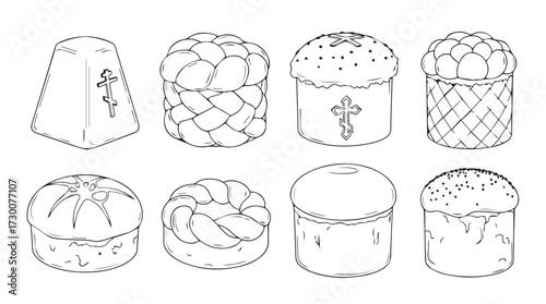 Collection of easter kulich cakes with decorative toppings and cross emblems hand drawn sketch vector