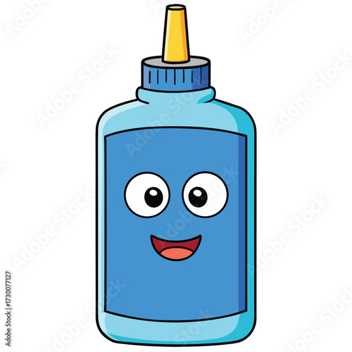 Happy Cartoon Glue Bottle with Big Eyes and Smile on White Background Keywords: glue bottle, adhesive