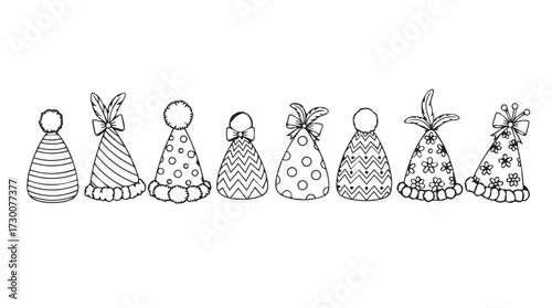 Hand drawn party hats collection diverse designs festive celebration elements line art vector