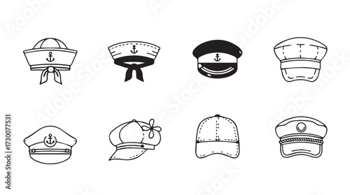 Collection of diverse nautical and uniform caps showing various styles and designs for professionals vector