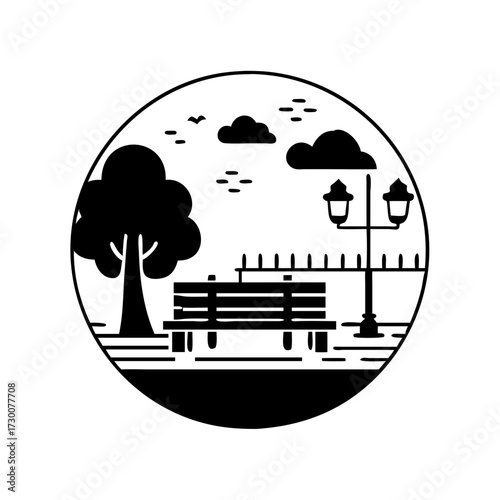 Vector art of stylized black and white illustration of a park scene with a bench, tree, lamppost, and clouds, set within a circle