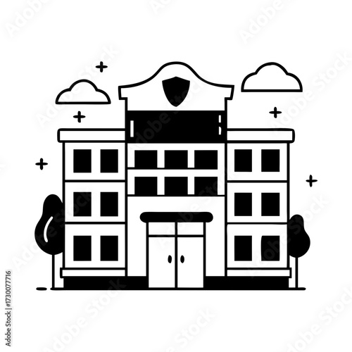 Vector art of a black and white illustration of a police station building with clouds and trees