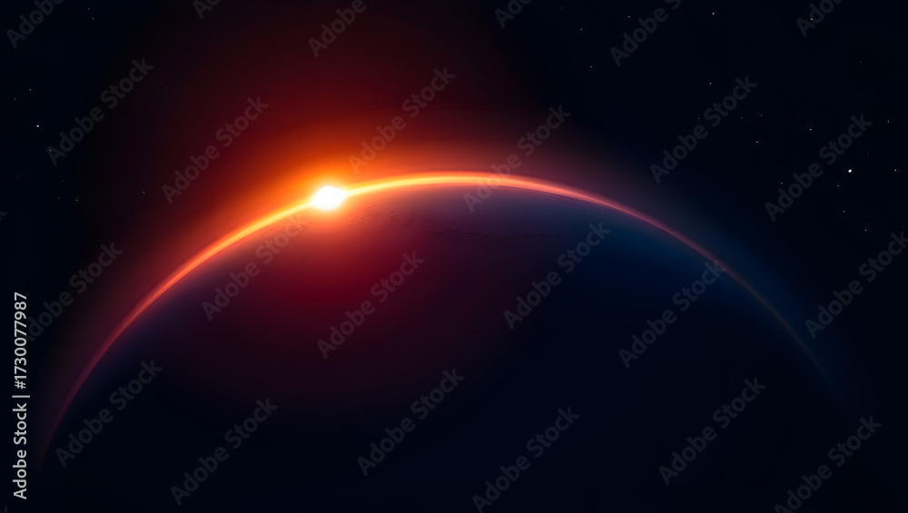 Fototapeta premium Brilliant sunrise or sunset over distant horizon with cosmic glow and light flare