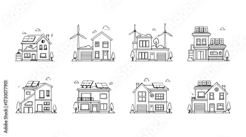 Collection of diverse eco-friendly house sketches with wind turbines and solar panels for sustainable living vector