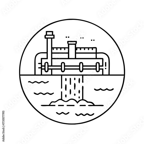 Vector art of industrial wastewater discharge from a factory into a body of water, represented as a line art icon