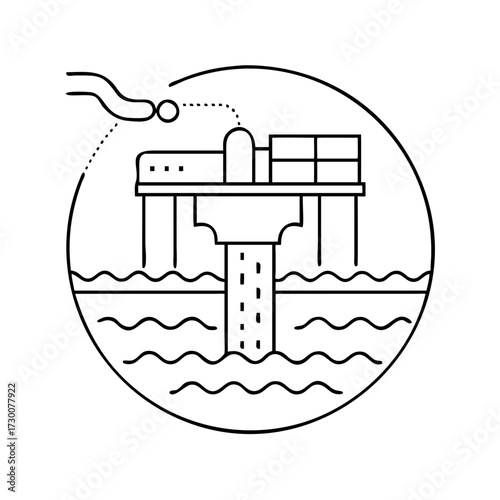 Vector art of line art icon of an oil rig platform with a pipe discharging into the ocean