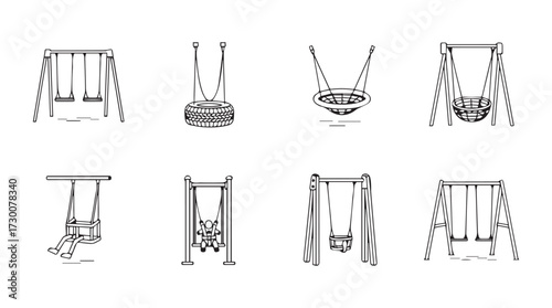 Collection of diverse swing designs for playgrounds and gardens line art set vector