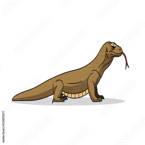 Cartoon illustration of a Komodo dragon with its tongue sticking out, standing on a white background.
