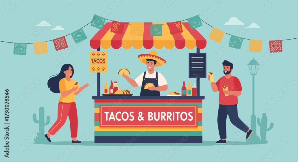 Naklejka premium Adobe illustrator artwork vector illustration: People enjoy delicious tacos at a vibrant Mexican street food stall with festive decorations, perfect for illustrating cultural cuisine, celebrations