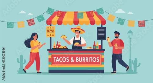 Adobe illustrator artwork vector illustration: People enjoy delicious tacos at a vibrant Mexican street food stall with festive decorations, perfect for illustrating cultural cuisine, celebrations