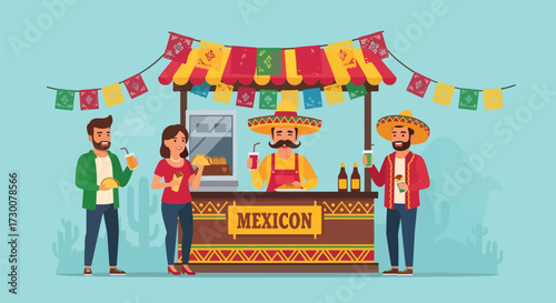 Adobe illustrator artwork vector illustration: People enjoy delicious tacos at a vibrant Mexican street food stall with festive decorations, perfect for illustrating cultural cuisine, celebrations