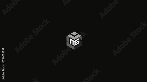 Abstract geometric block with stylized letters in cubic design on a dark background, minimalist modern digital symbol concept.
