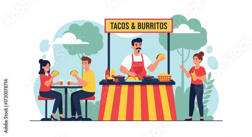 Adobe illustrator artwork vector illustration: People enjoy delicious tacos at a vibrant Mexican street food stall with festive decorations, perfect for illustrating cultural cuisine, celebrations