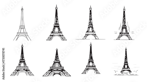 Collection of eiffel tower sketches various artistic styles iconic paris landmark illustrations vector