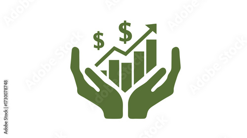 Hands Protecting Financial Growth and Investment. Business Success Icon with Rising Bar Chart, Upward Trend, and Dollar Signs