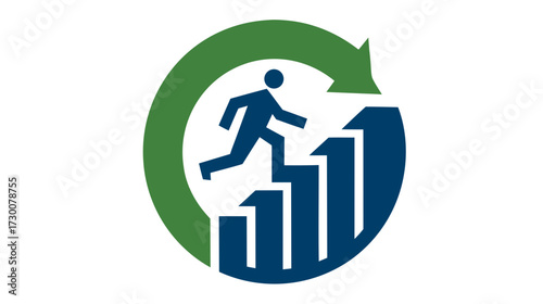 Business growth concept icon: Person climbing financial bar chart inside a green circular arrow, symbolizing continuous progress, success, and development.