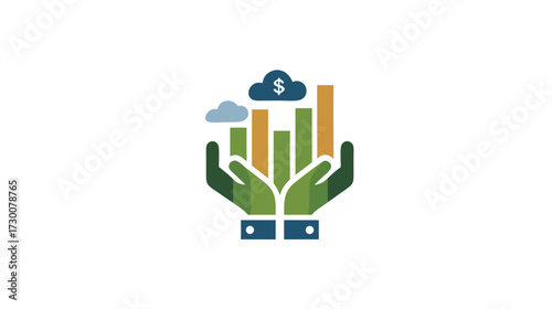 Business financial growth and investment protection icon. Hands holding a rising bar chart with dollar sign clouds. Economic success concept.