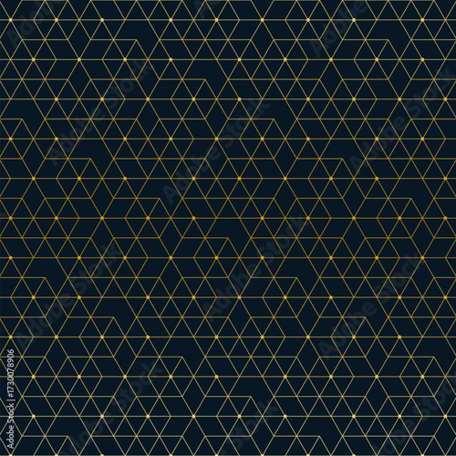Elegant geometric gold pattern with hexagonal and triangular lines and dots on dark background