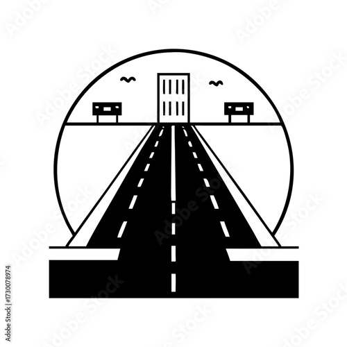 Vector art of a stylized black and white illustration of a road leading to an open door, symbolizing opportunity and future