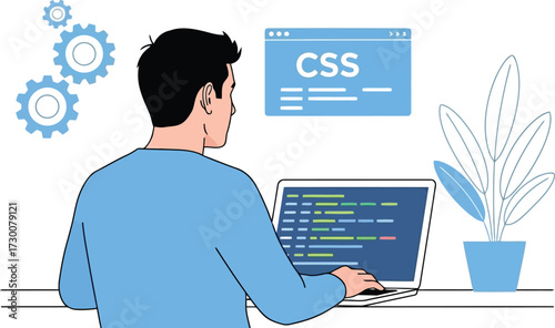 Man coding on laptop with css isolated on white background, software concept