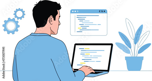 Man coding on laptop isolated on white background, software development concept