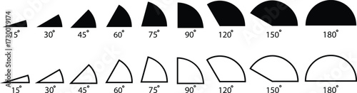 Angle flat and outline icon set. 15, 30, 45, 60, 75, 90, 120, 150, 180 degree measure. Math geometric design elements. Technical architect vectors. Trigonometry template. Degree of arc and pie chart.