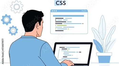 Man coding on laptop with css isolated on white background, web development