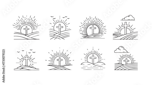 Collection of eight christian cross symbols with radiant sunbeams and dramatic sky designs vector