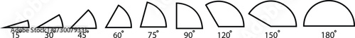 Angle outline icon set. 15, 30, 45, 60, 75, 90, 120, 150, 180 degree measure. Math geometric design elements. Technical architect vectors. Trigonometry template. Degree of arc, pie chart illustration.