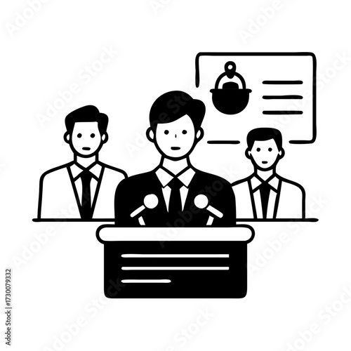 Vector art of public speaker giving a speech a man stands behind a podium with microphones, addressing an audience or giving a presentation