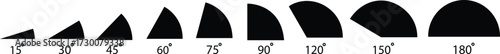 Angle flat icon set. 15, 30, 45, 60, 75, 90, 120, 150, 180 degree measure. Math geometric design elements. Technical architect vectors. Trigonometry template. Degree of arc and pie chart illustration.