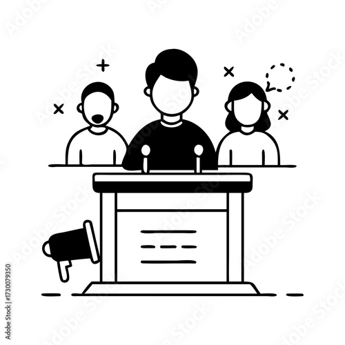 Vector art of a person speaking at a podium with two people behind them, representing public speaking, debate, or a presentation