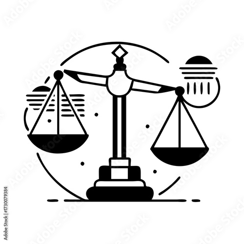 Vector art of scales of justice balancing legal documents and abstract symbols representing law and order