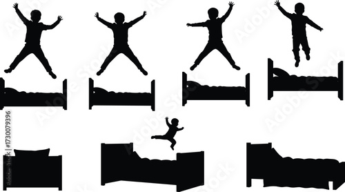 Silhouette child jumping on bed, playful kids activity, fun childhood moment, energy, happiness, bedroom interior, family lifestyle, carefree entertainment, joy