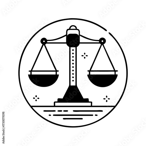 Vector art of black and white line art illustration of a justice scale, symbolizing law and balance, inside a circle
