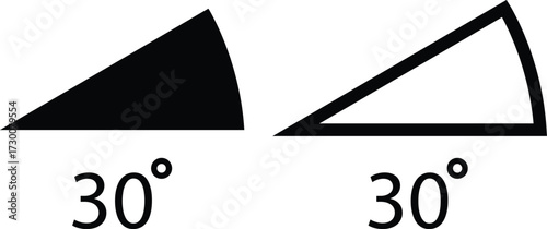 Angle icons set in flat, outline style. 30 degree measure. Math geometric design elements. Technical architect vectors. Trigonometry template. Triangle sign. Degree of arc and pie chart illustration.