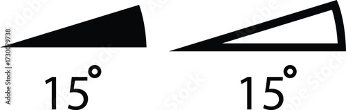 Angle icons set in flat, outline style. 15 degree measure. Math geometric design elements. Technical architect vectors. Trigonometry template. Triangle sign. Degree of arc and pie chart illustration.