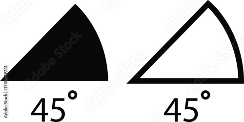 Angle icons set in flat, outline style. 45 degree measure. Math geometric design elements. Technical architect vectors. Trigonometry template. Triangle sign. Degree of arc and pie chart illustration.