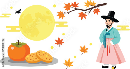 Korean man in traditional costume celebrates chuseok isolated on white background
