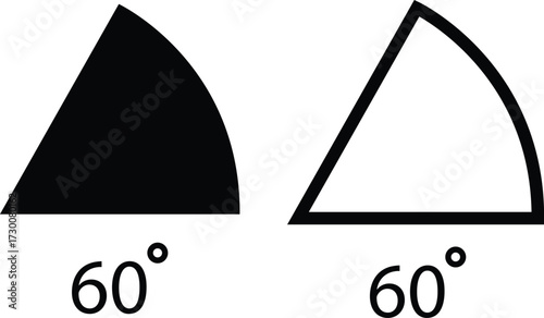 Angle icons set in flat, outline style. 60 degree measure. Math geometric design elements. Technical architect vectors. Trigonometry template. Triangle sign. Degree of arc and pie chart illustration.