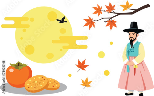 Korean man in traditional costume celebrates chuseok isolated on white background