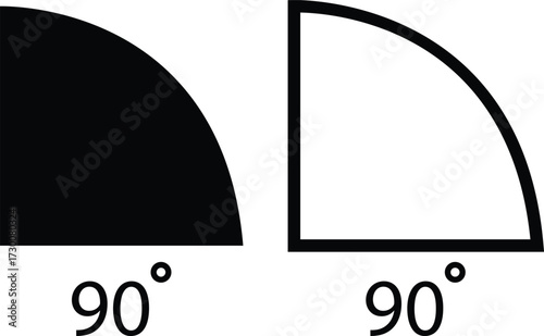 Angle icons set in flat, outline style. 90 degree measure. Math geometric design elements. Technical architect vectors. Trigonometry template. Triangle sign. Degree of arc and pie chart illustration.